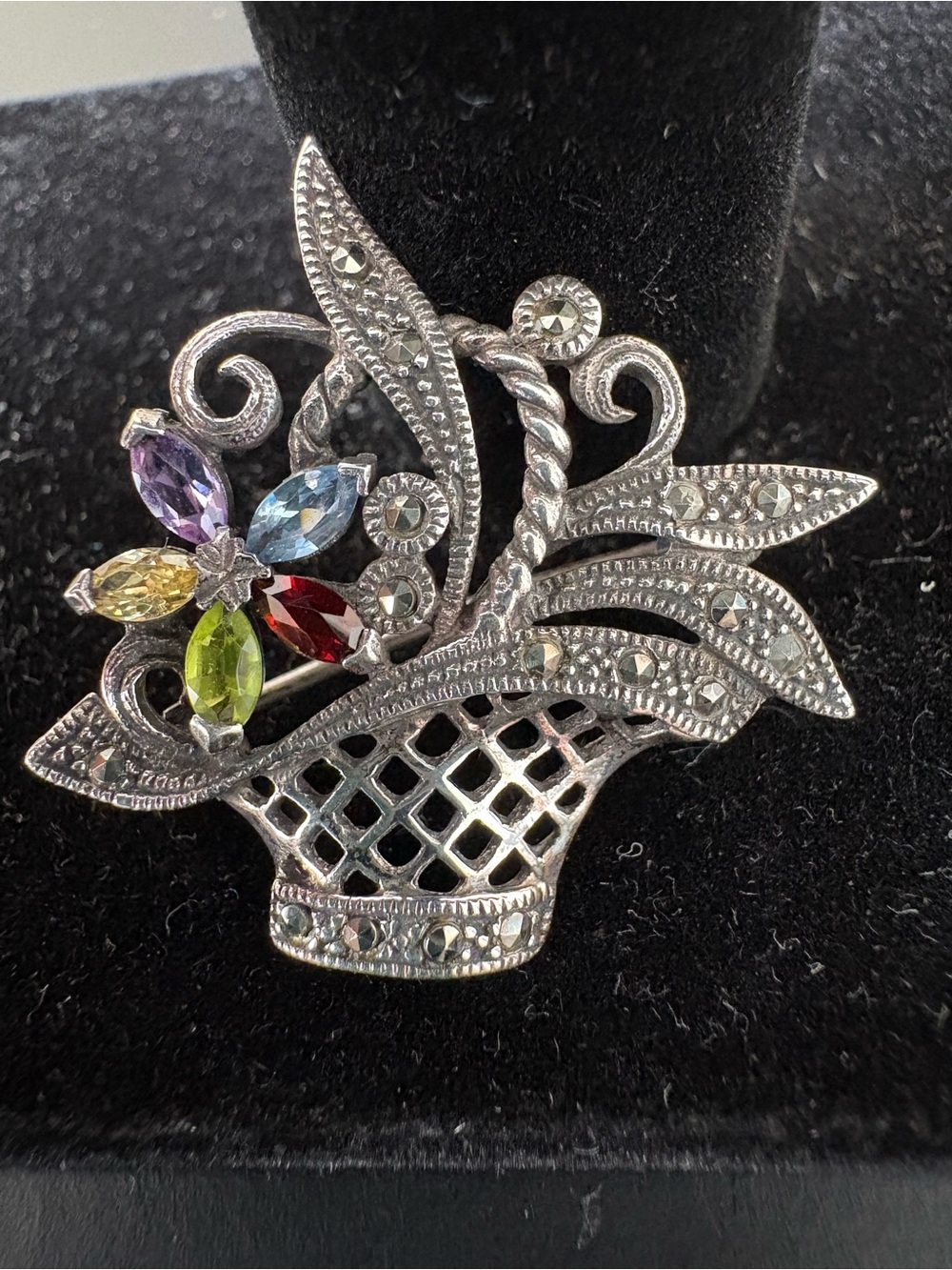 Vintage Sterling Silver Flower Basket Brooch